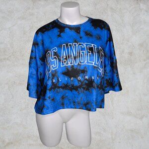 Shein Los Angeles California Black and Blue Tie Dyed Crop Top Oversized Shirt